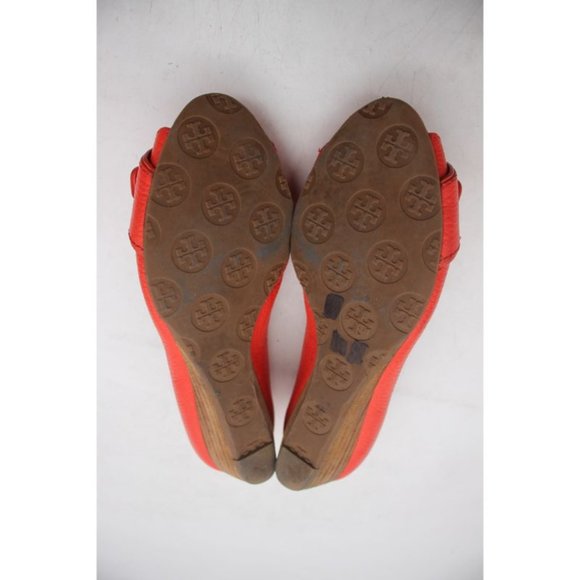 Tory Burch Emma Wedge Women's Size 6.5 Red Leather Peep Toe Shoes - Picture 5 of 11
